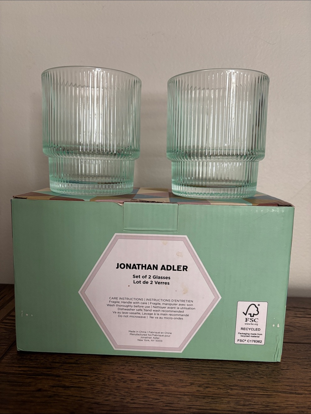 Jonathan Adler Biba Ribbed Mint Green Glasses Set of 2 13 OZ New in Box